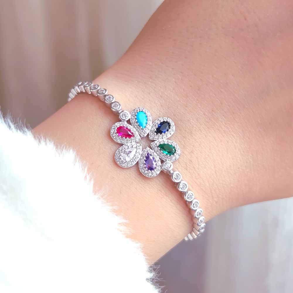 925 Sterling Silver Colored Flower Bracelet - Multi Colored Bracelet