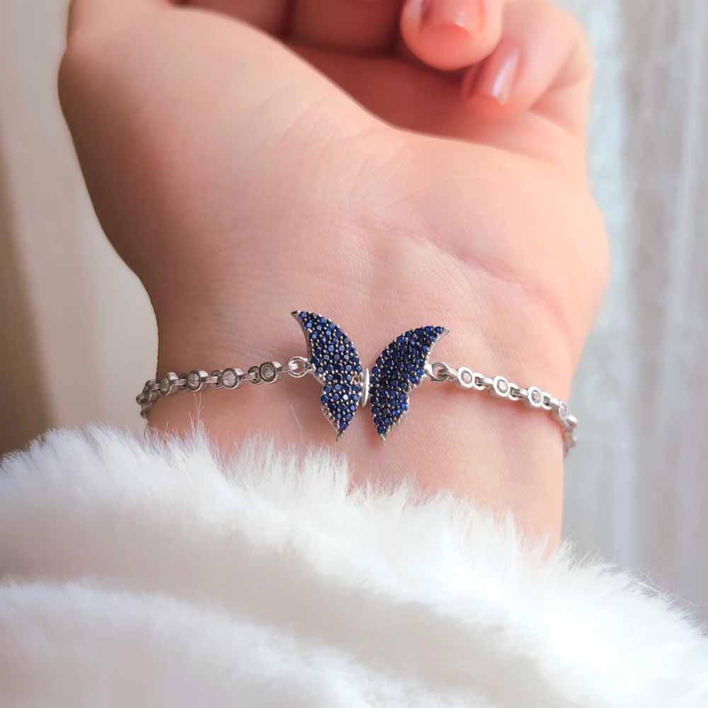 925 Sterling Silver Blue Butterfly Bracelet - Multi Colored Bracelet