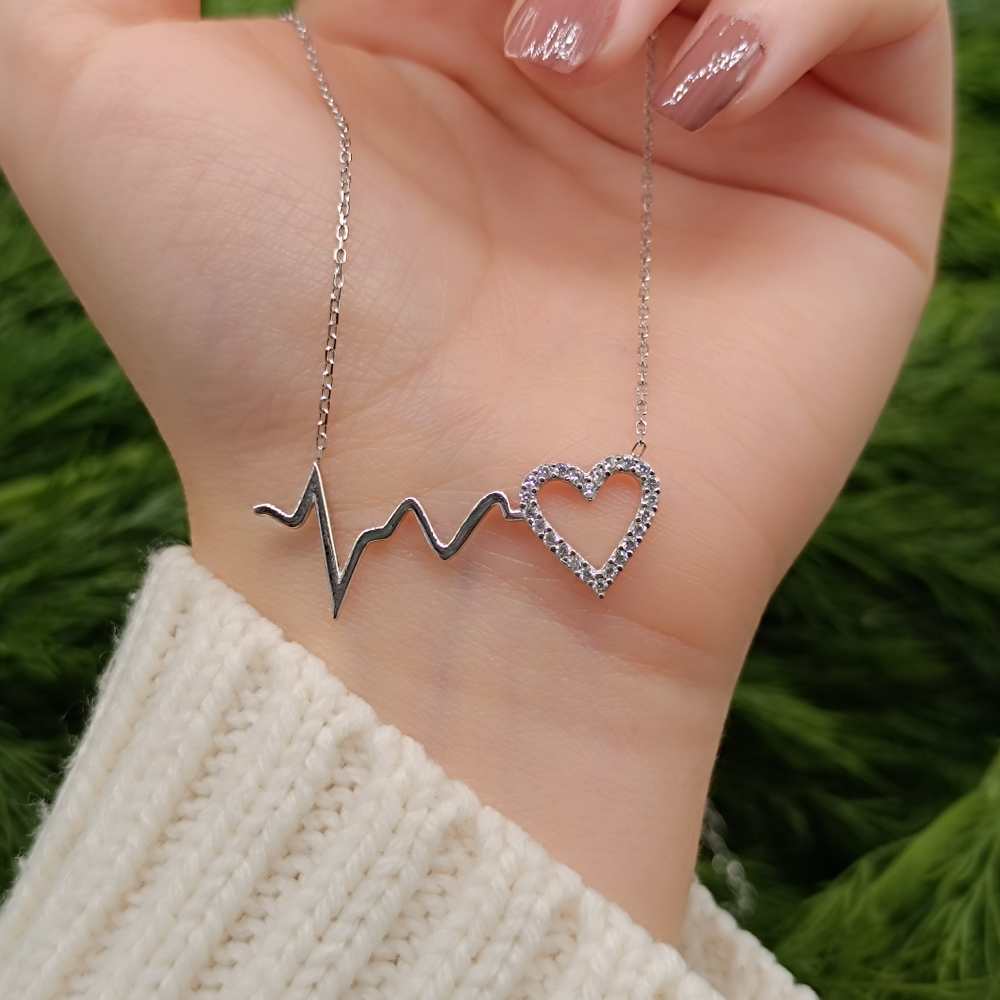 925 Sterling Silver Heartbeat Necklace - Whıte Cubic Zircon