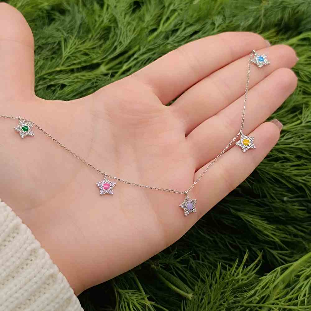 925 Sterling Silver Stars Necklace - Multi colored 