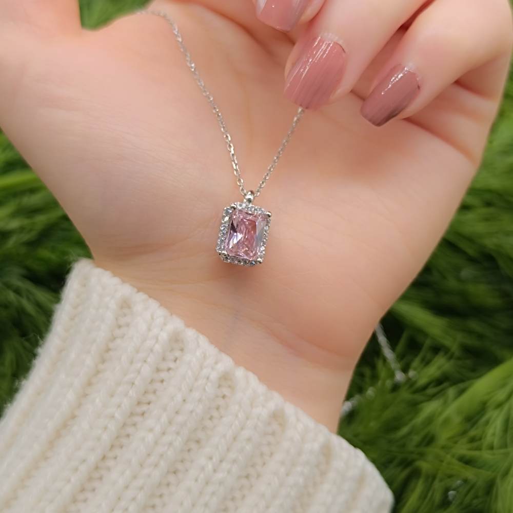 925 Sterling baguette Silver Necklace - Rose Cubic Zircon