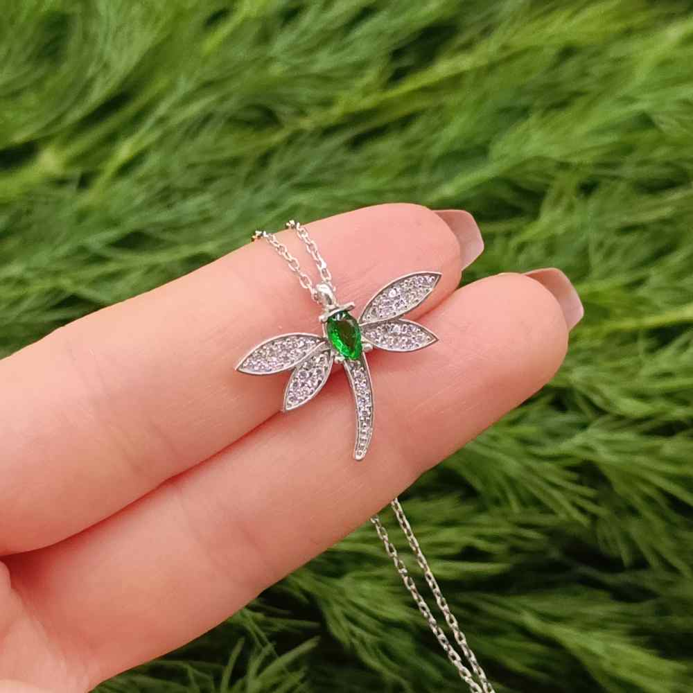 925 Sterling Butterfly Silver Necklace - Green Cubic Zircon