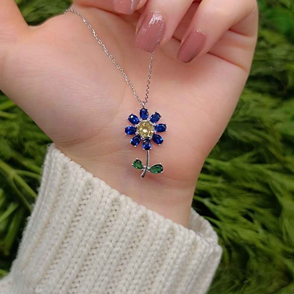 925 Sterling Silver Sunflower Necklace - Colored Cubic Zircon