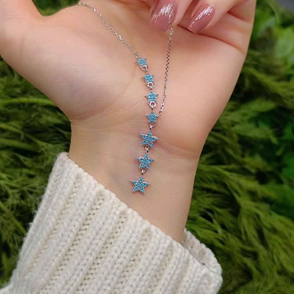 925 Sterling Silver Stars Necklace - turquoise Cubic Zircon