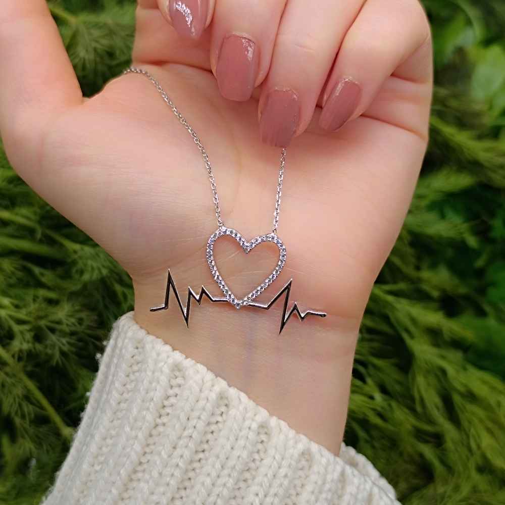 925 Sterling Silver Heartbeat Necklace - Whıte Cubic Zircon