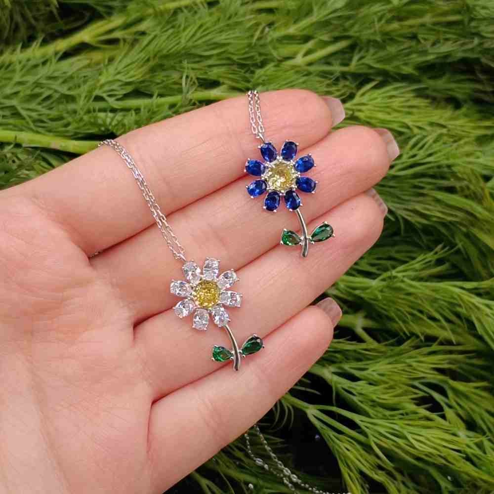 925 Sterling Silver Sunflower Necklace - Colored Cubic Zircon