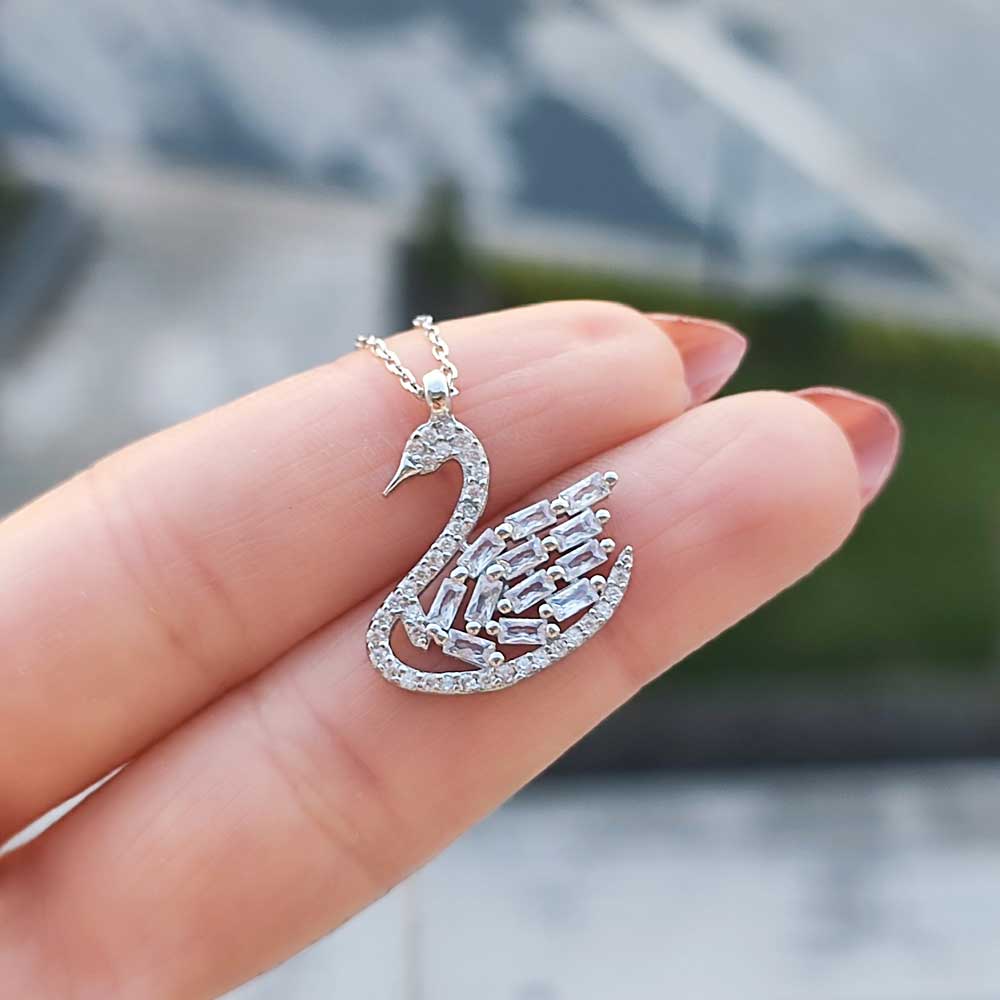 925 Sterling Silver Geese Baguette Necklace - White Zircon