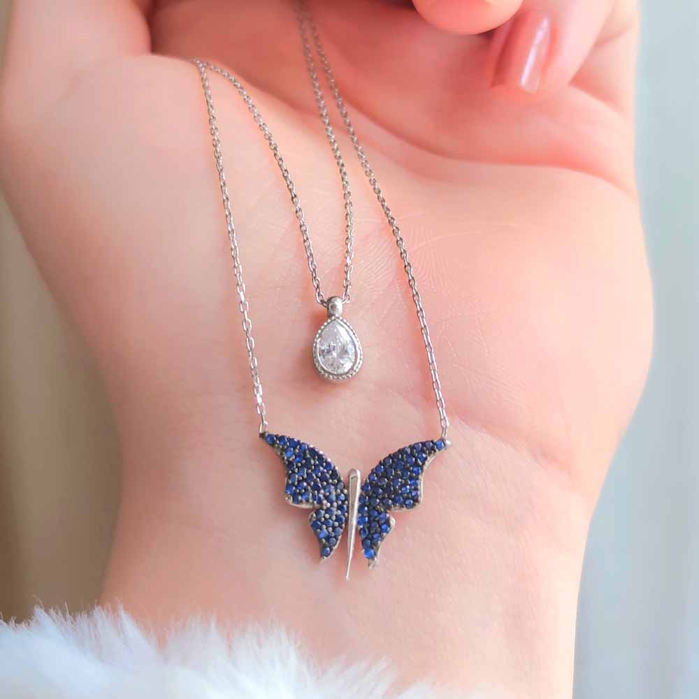 925 Sterling Silver Romantic Dancing Blue Butterflies Pendant