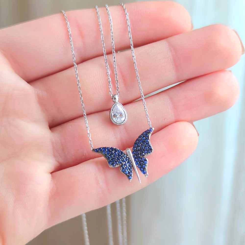 925 Sterling Silver Romantic Dancing Blue Butterflies Pendant