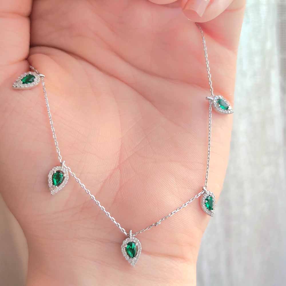 925 Sterling Silver Romantic Green Dew Drops Necklace