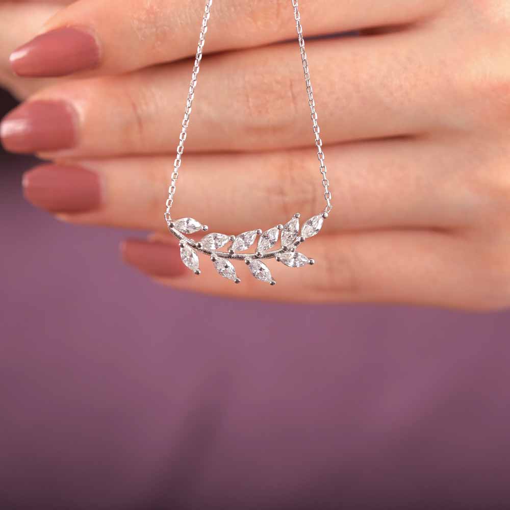 925 Sterling Silver Romantic White Tree Leaves Necklace - White Zircon