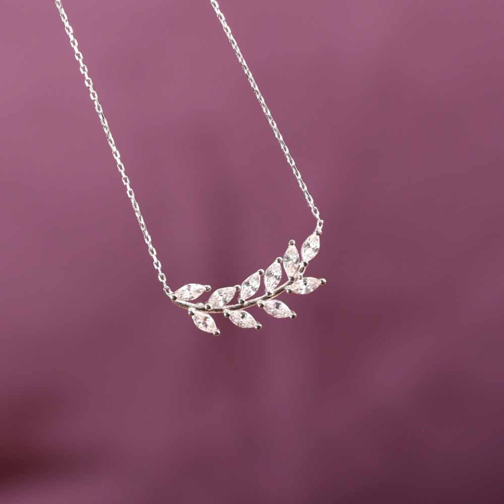 925 Sterling Silver Romantic White Tree Leaves Necklace - White Zircon