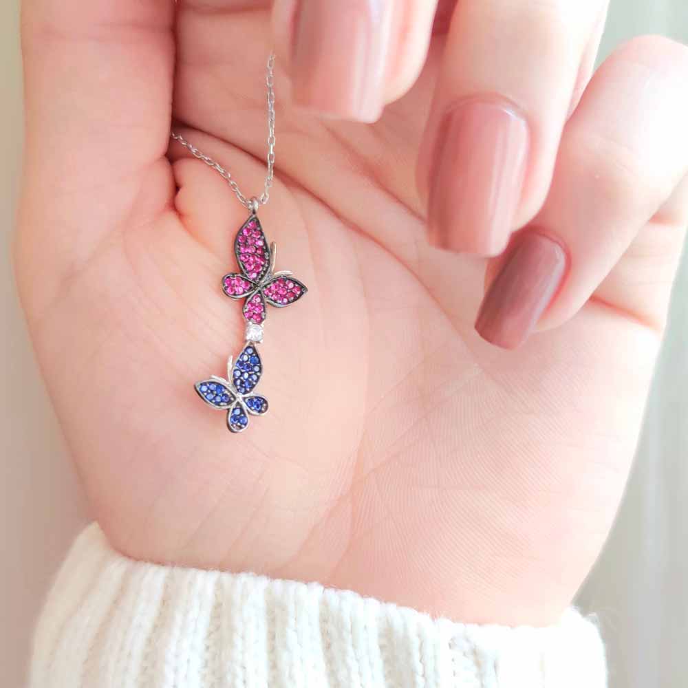 925 Sterling Silver Romantic Dancing Butterflies Pendant - Multi colored Zircon