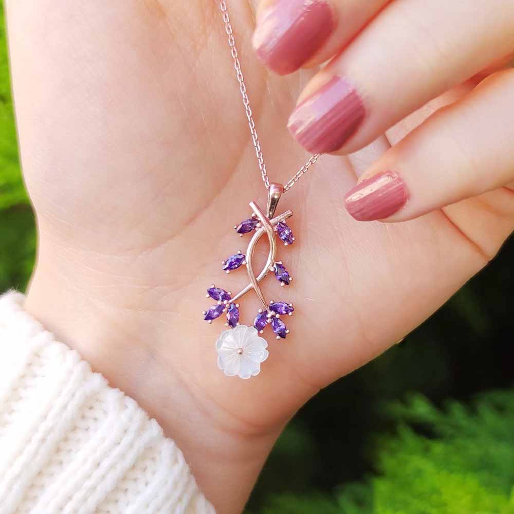 925 Sterling Silver Purple Flower Necklace