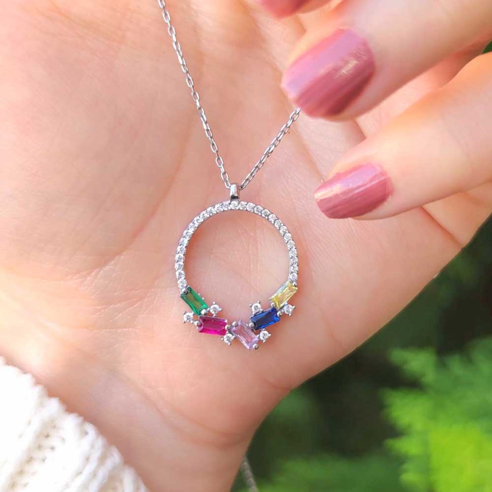 925 Sterling Silver Romantic Colored Circle Pendant - Multi colored Zircon