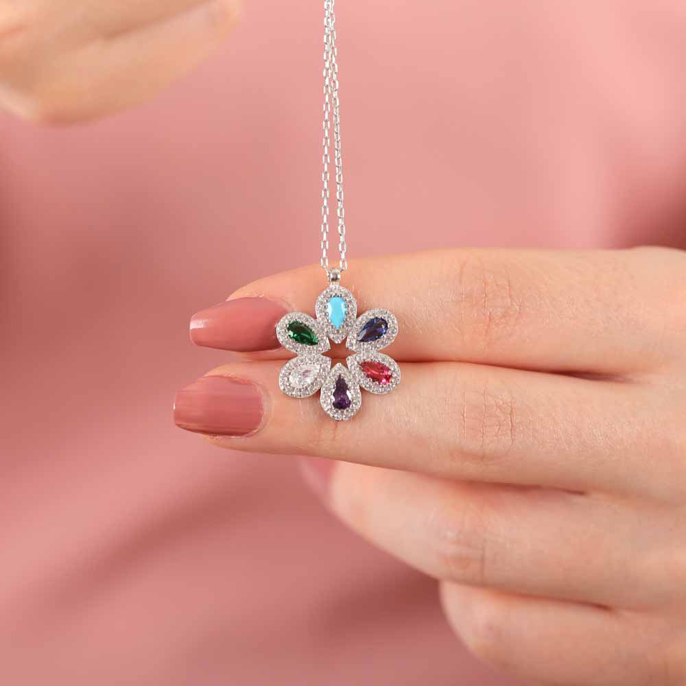 925 Sterling Silver Colored Flower Necklace - Multi colored Zircon