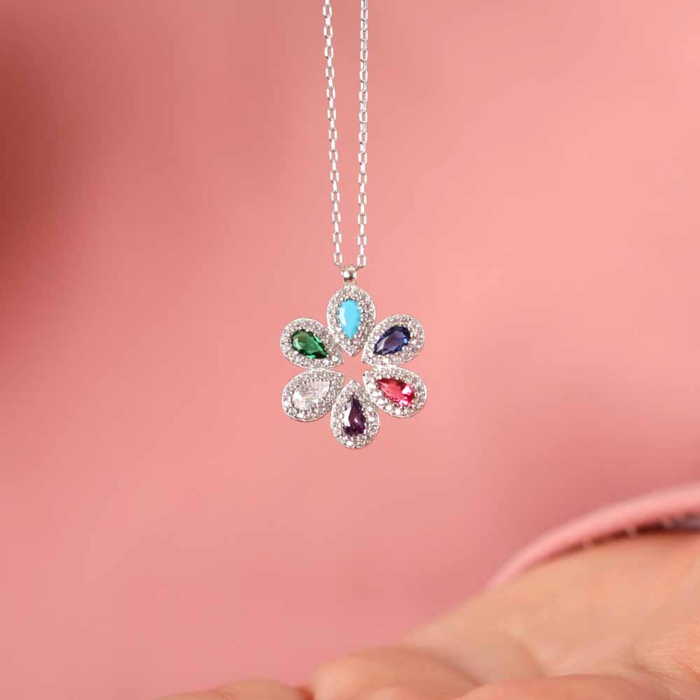 925 Sterling Silver Colored Flower Necklace - Multi colored Zircon