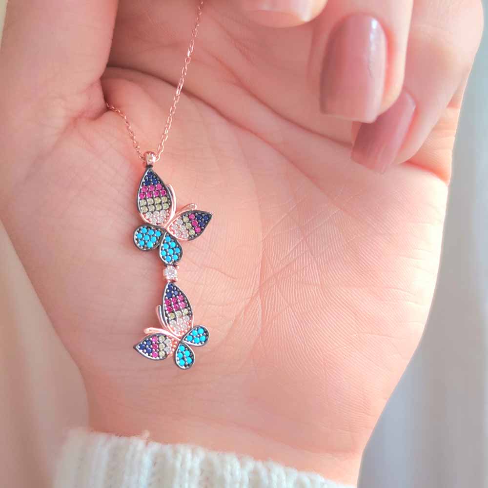 925 Sterling Silver Romantic Butterflies Dancing Necklace - Multi colored Zircon