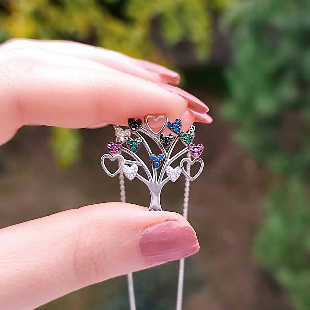 925 Sterling Silver Hearts Of Love Tree's Pendant - Multi colored Zircon