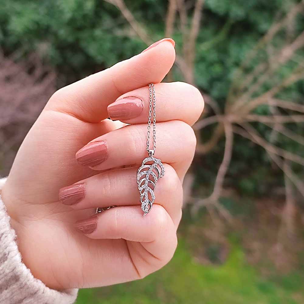 925 Sterling Silver Tree leaf Necklace - White Zircon