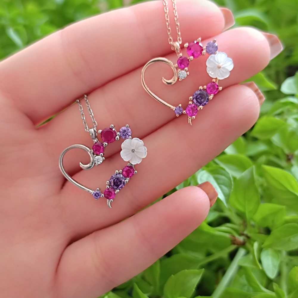 925 Sterling Silver Heart Necklace - Multi colored Zircon