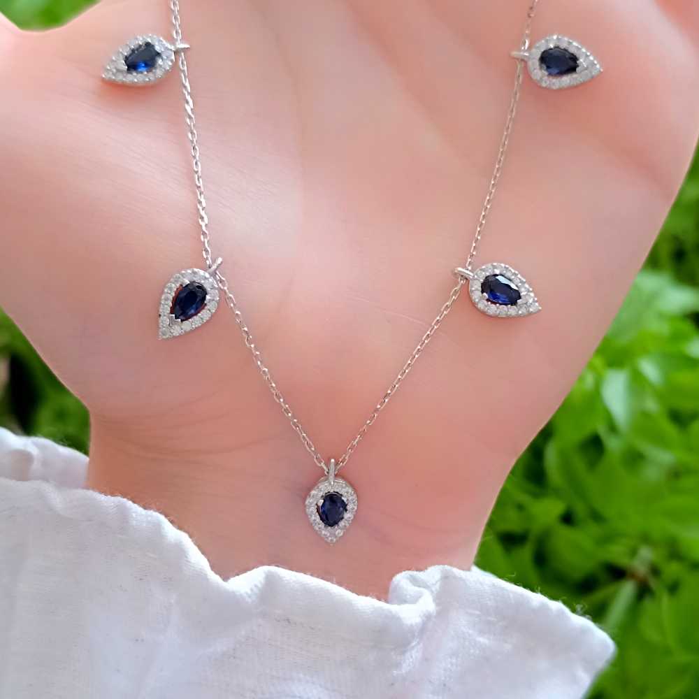 925 Sterling Silver Romantic Dark Blue Dew Drops Necklace