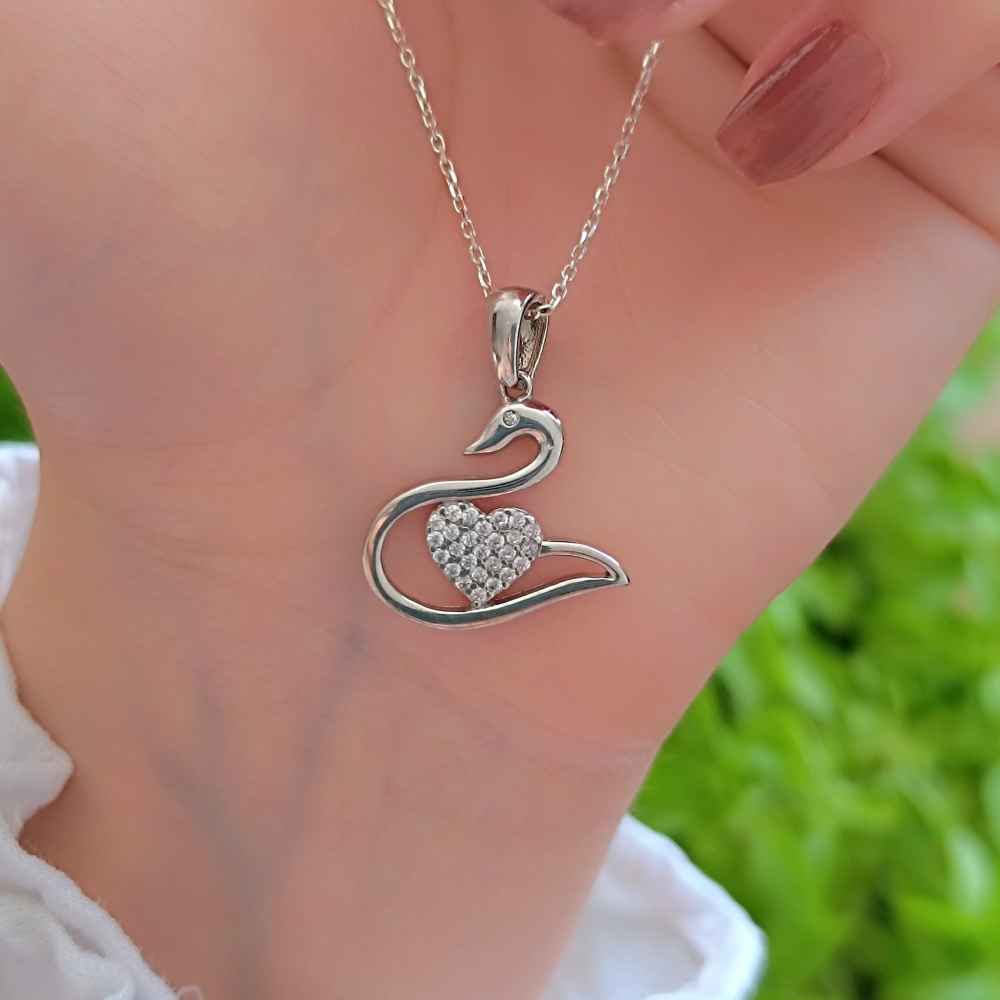 925 Sterling Silver Duck And Heart Necklace - White Zircon