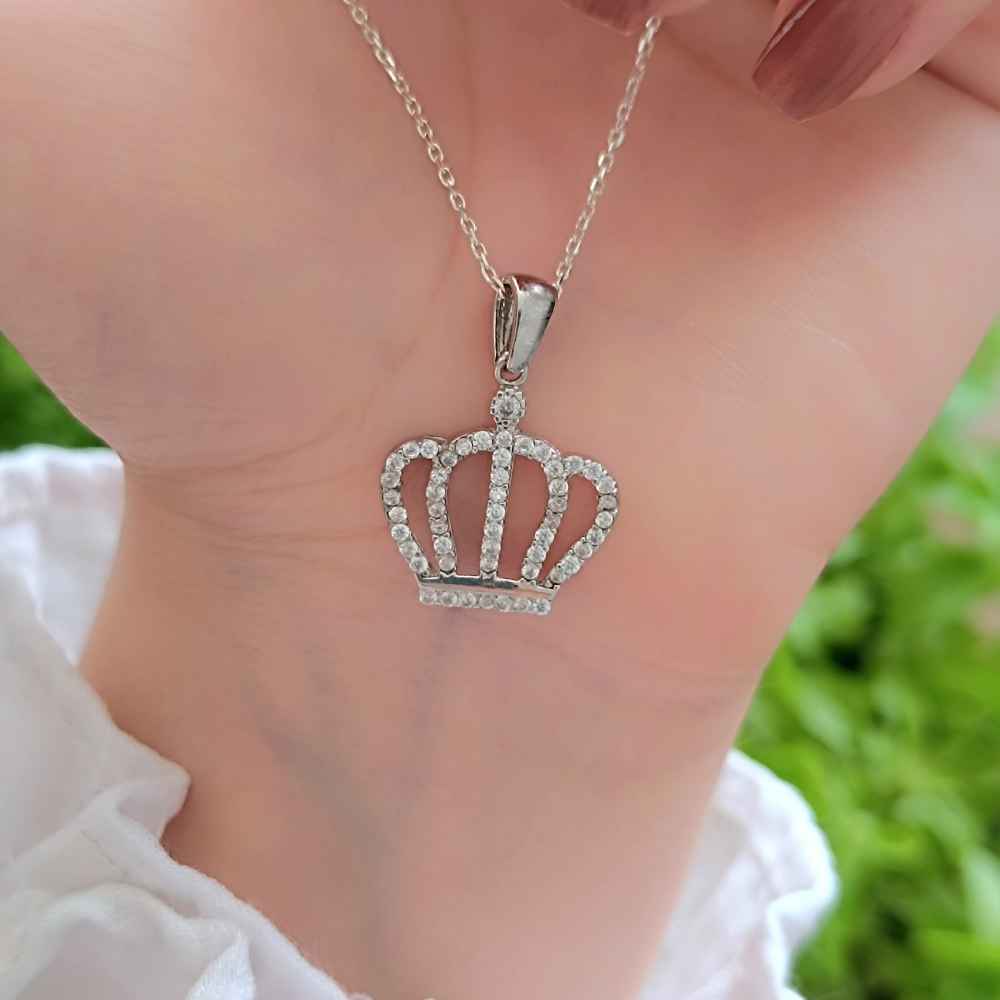 925 Sterling Silver Crown Necklace - White Zircon