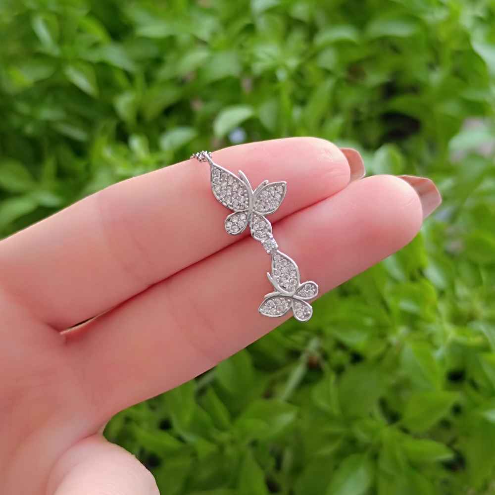 925 Sterling Silver Romantic Butterflies Dancing Necklace - White Zircon