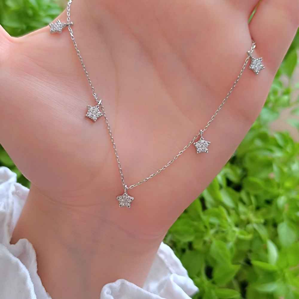 925 Sterling Silver Stars Necklace - White Zircon