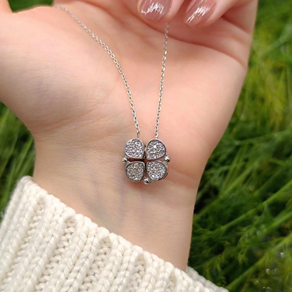 925 Sterling Silver Open flower Necklace - White Zircon