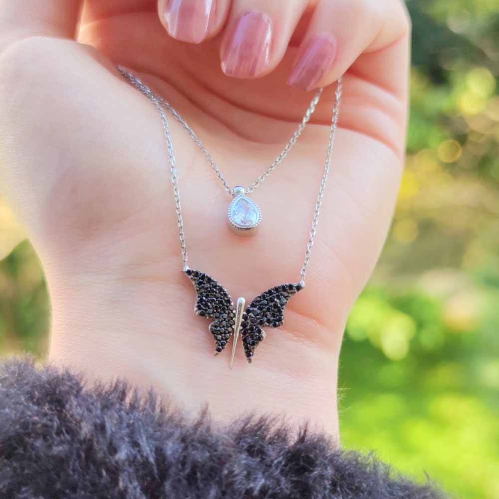 925 Sterling Silver Romantic Dancing Black Butterflies Pendant