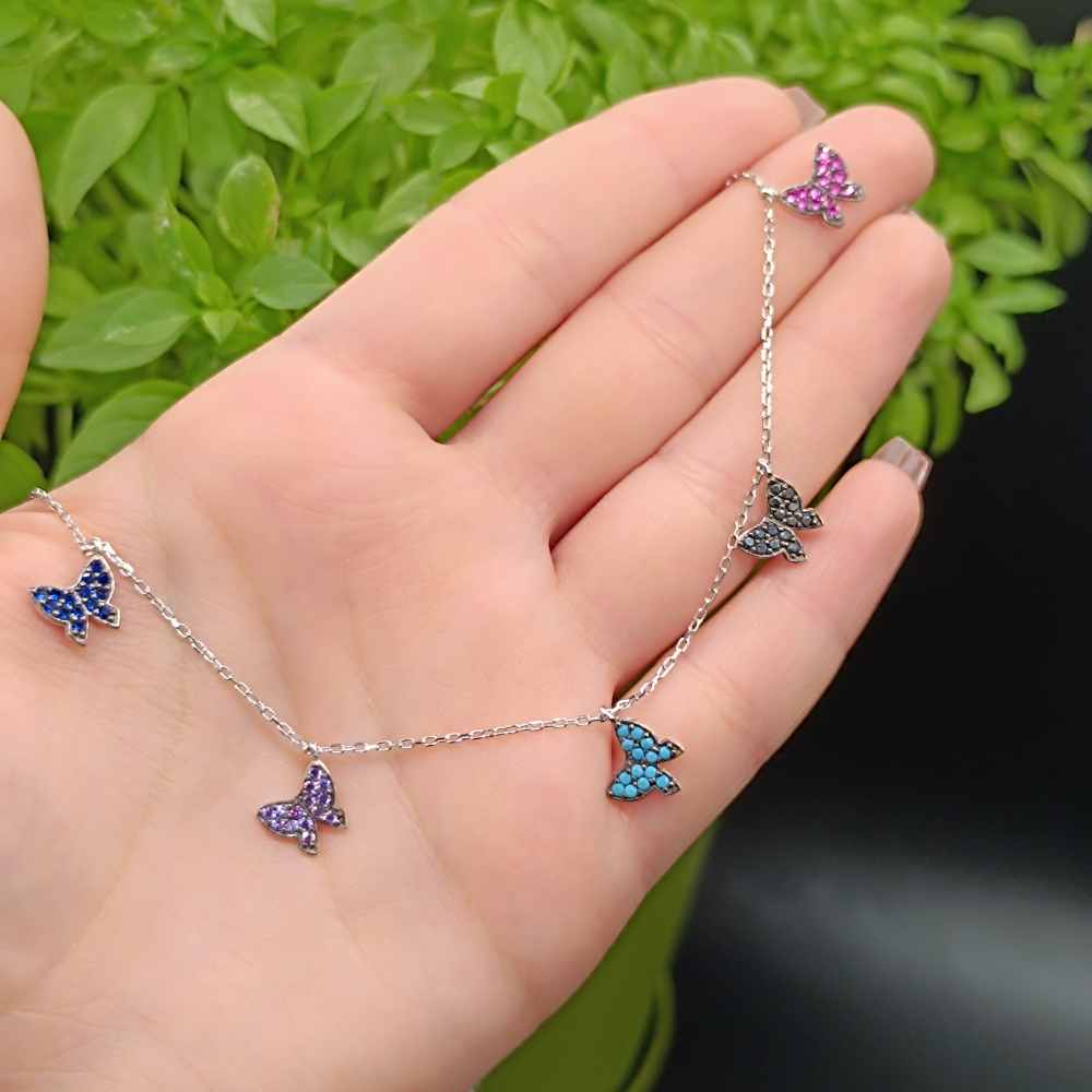 925 Sterling Butterflies Silver Necklace - Colored Cubic Zircon