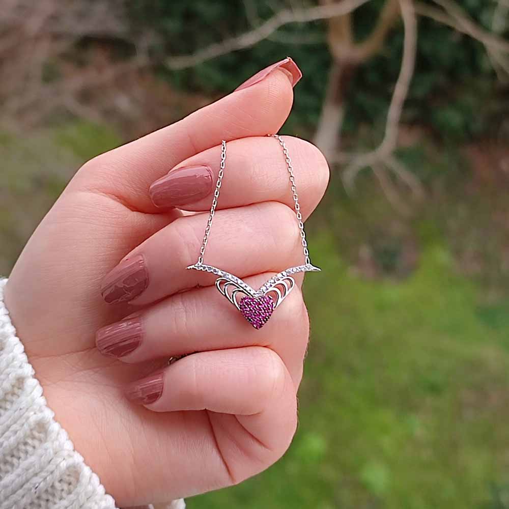 925 Sterling Silver Winged Heart Necklace - Multi Colored Zircon