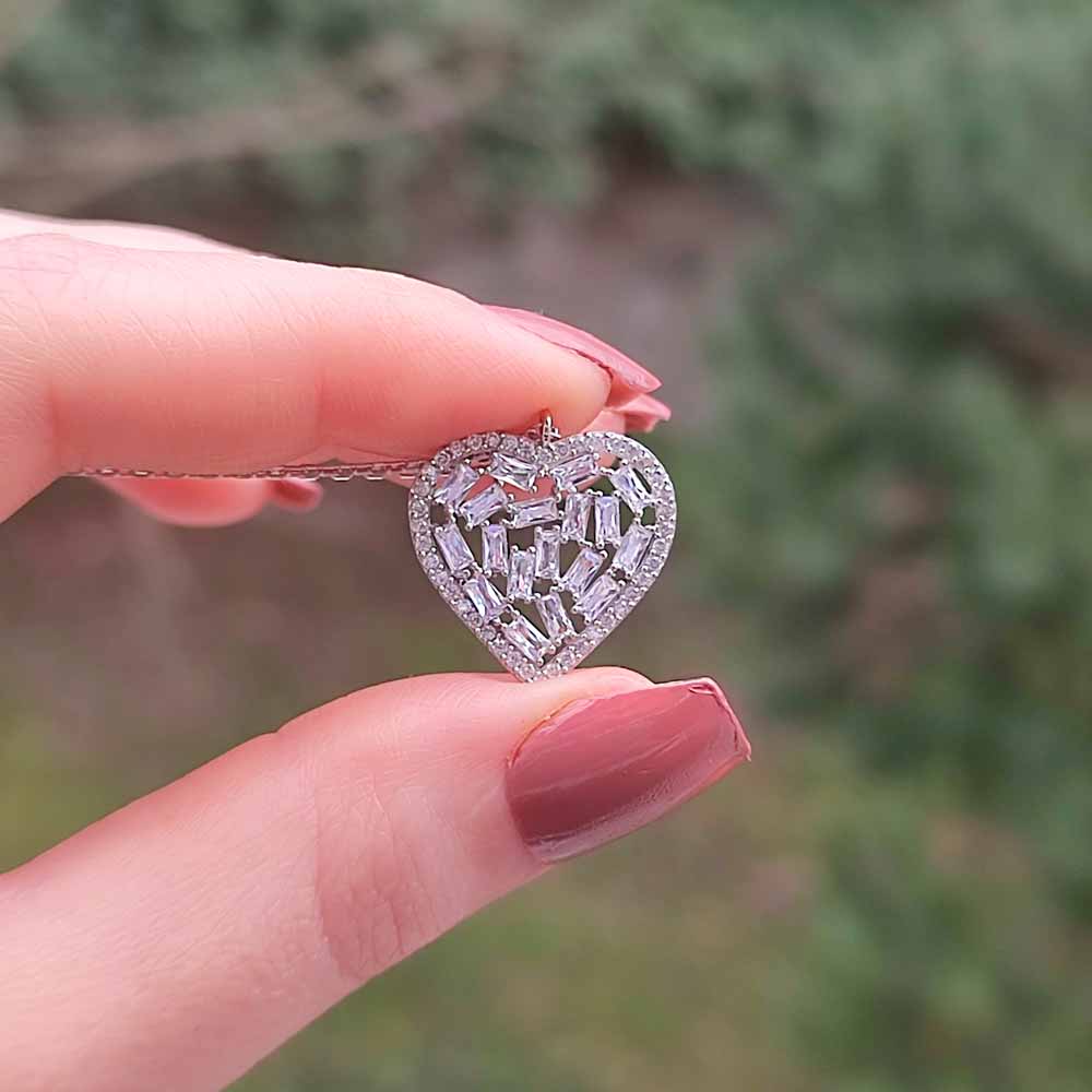 925 Sterling Silver Heart Baguette Necklace - White Zircon