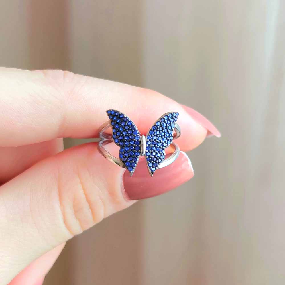 925 Sterling Silver Dark Blue Zircon Ring - Butterfly Ring