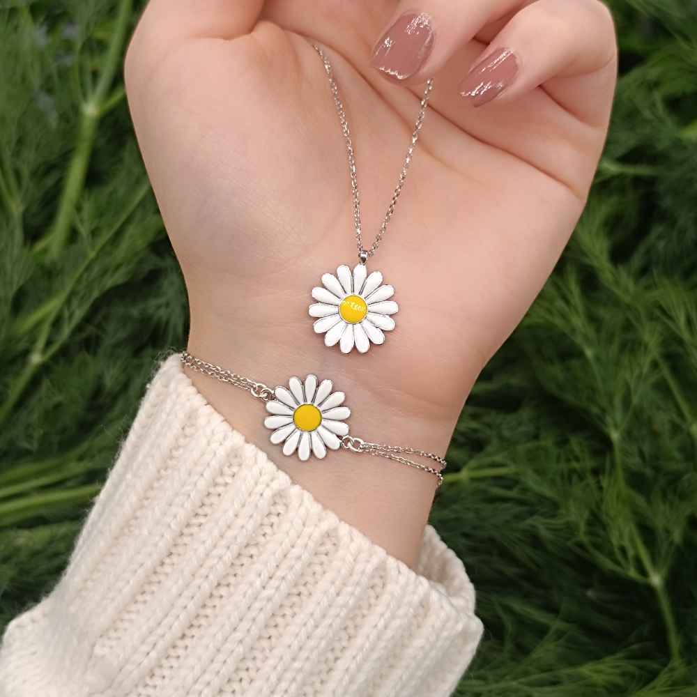 925 Sterling Silver Daisy Flower Set ( Bracelet + Pendant ) - Colored Zircon