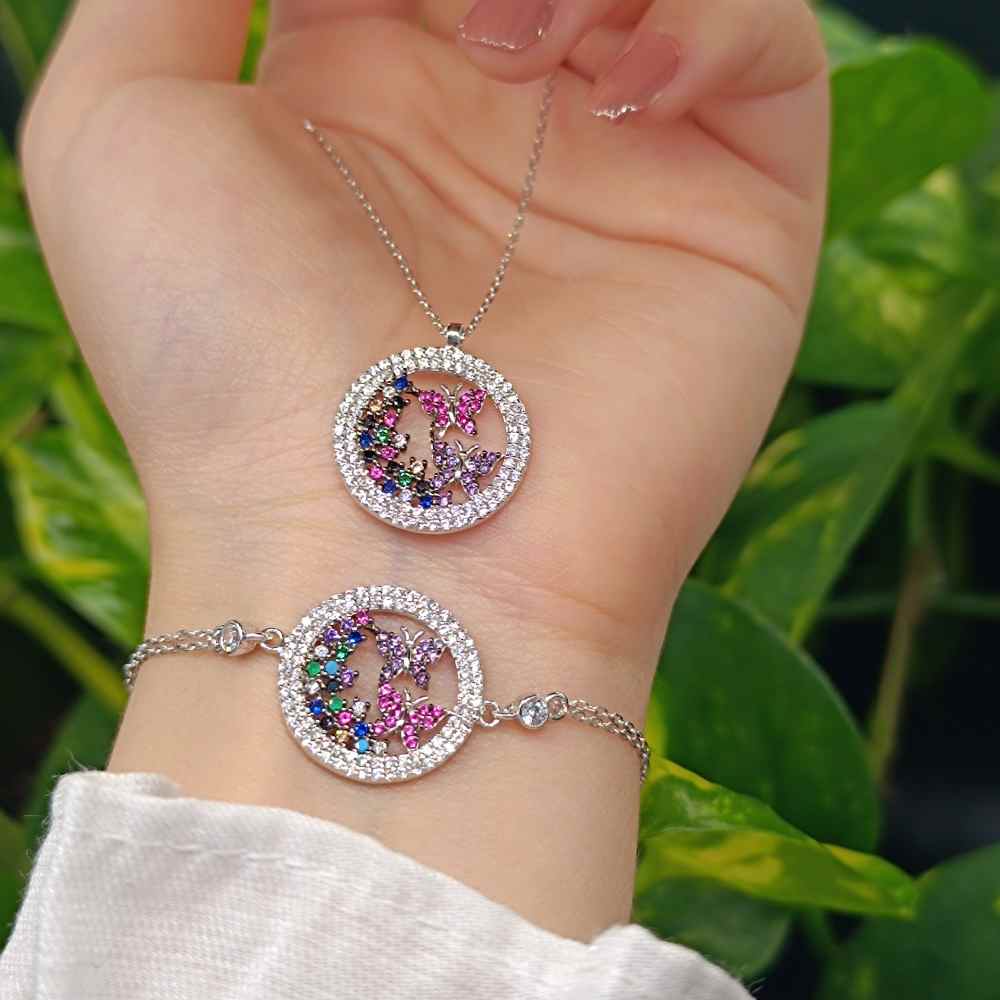 925 Sterling Silver Butterfly Dancing Set ( Bracelet + Pendant ) - Multi Colored Zircon