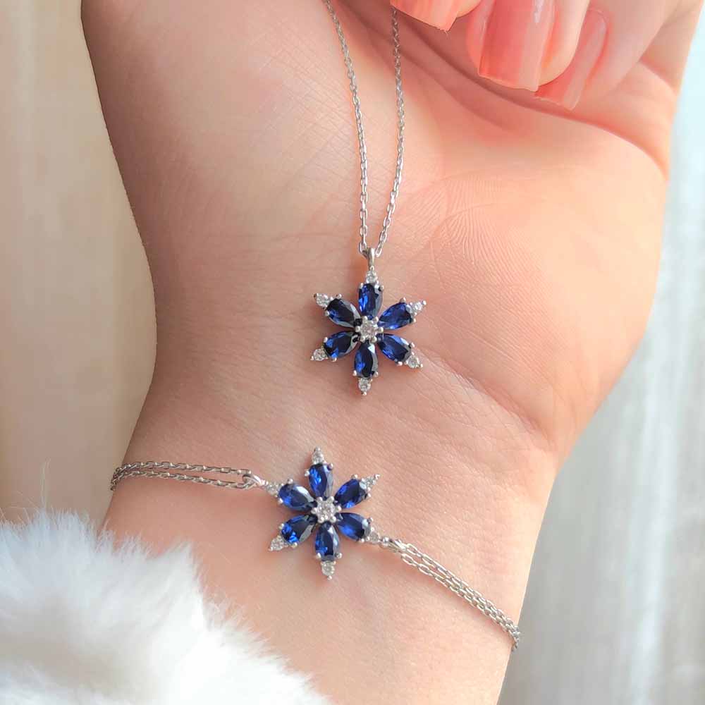 925 Sterling Silver Set Romantic Blue Rose Set ( Bracelet + Pendant ) - Colored Zircon