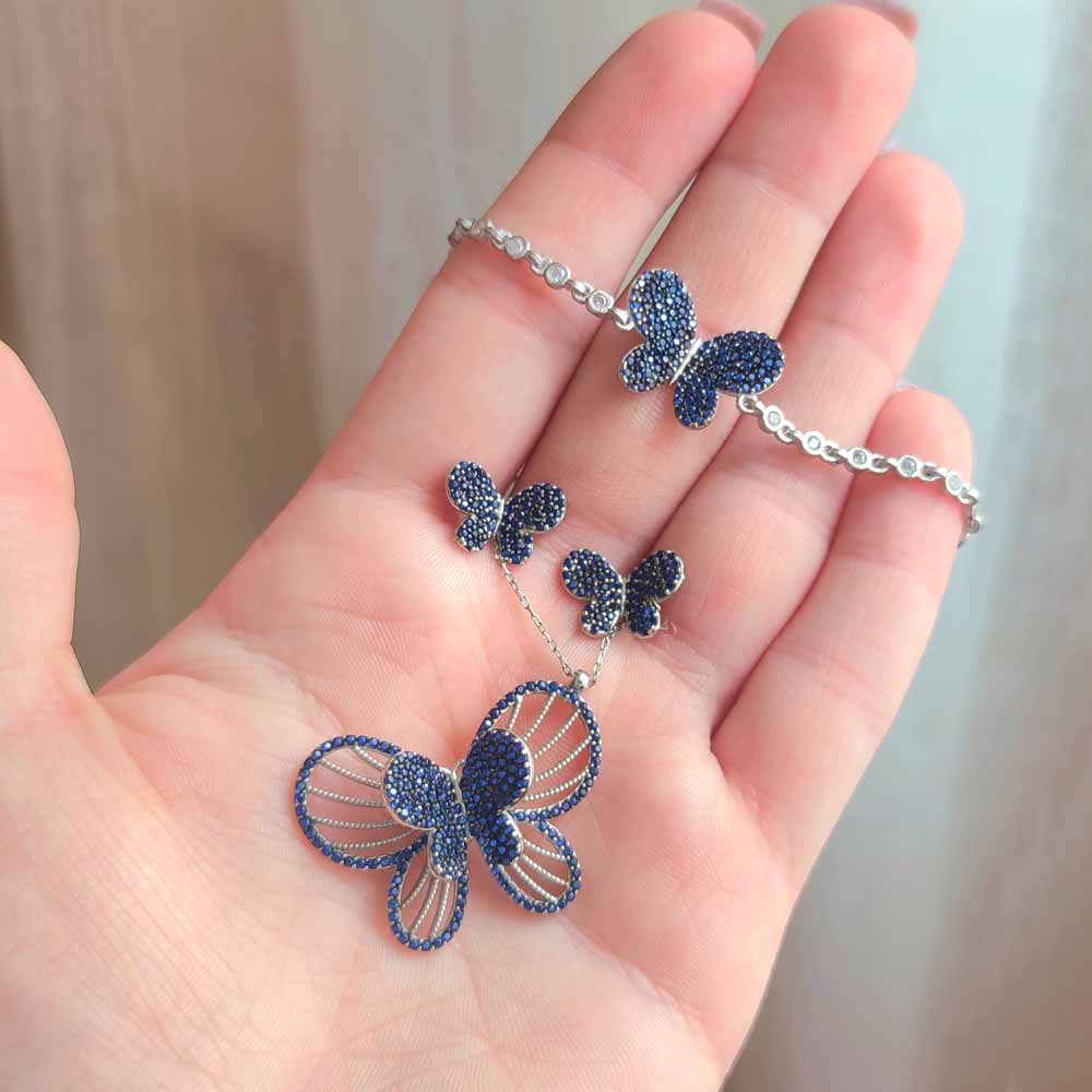 925 Sterling Silver Butterfly Set ( Pendant + Earring+ Bracelet) - Colored Zircon