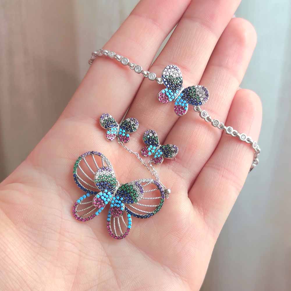 925 Sterling Silver Butterfly Set ( Pendant + Earring+ Bracelet) - Colored Zircon