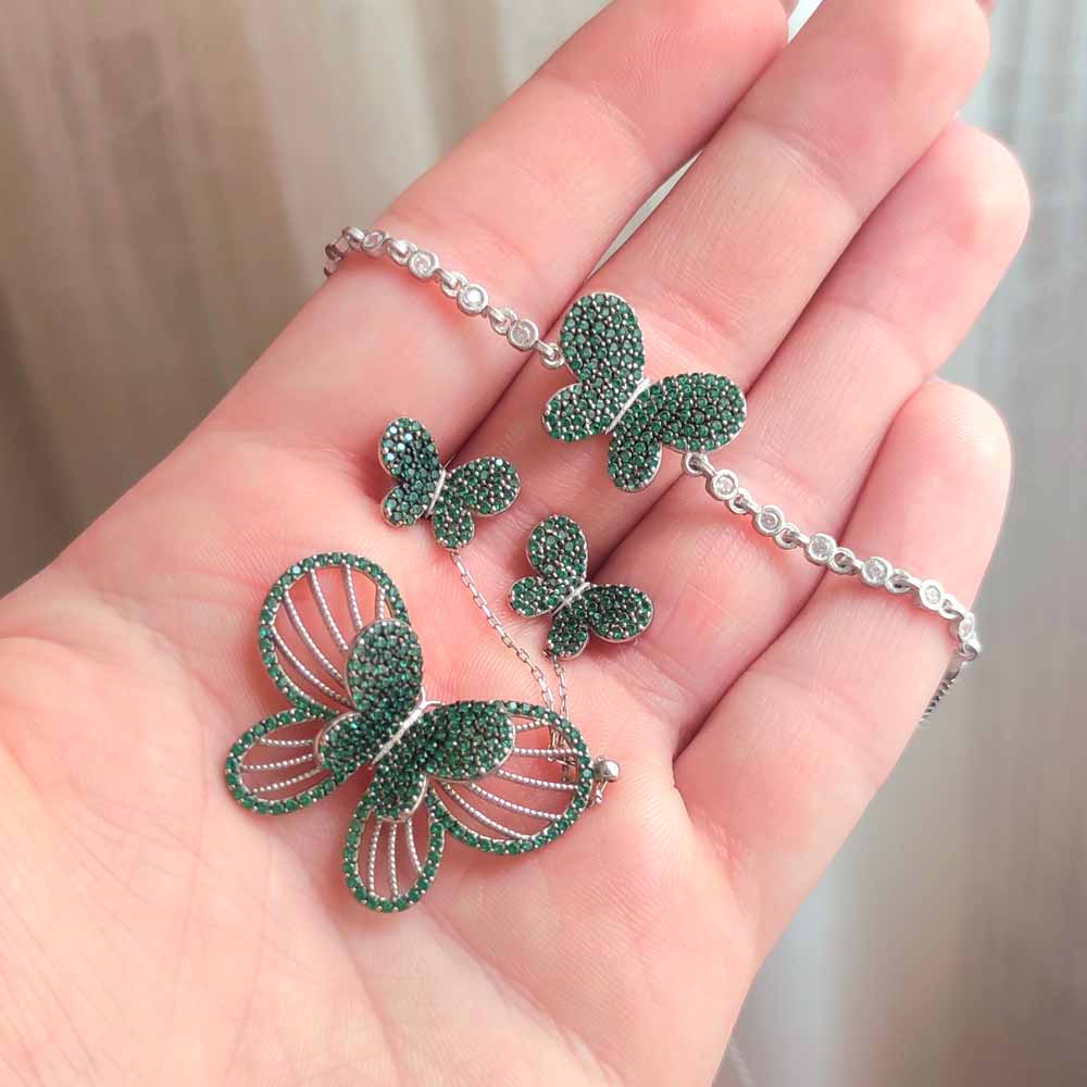 925 Sterling Silver Butterfly Set ( Pendant + Earring+ Bracelet) - Colored Zircon