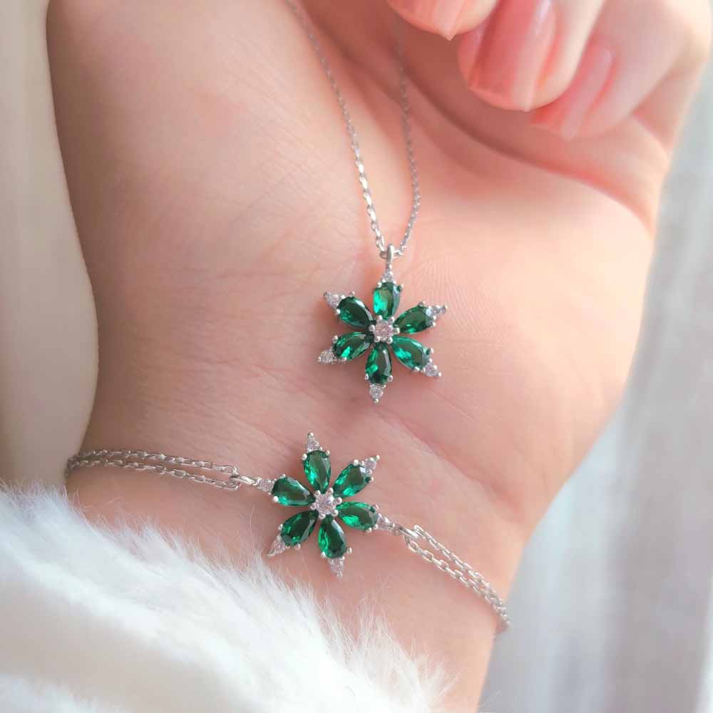 925 Sterling Silver Set Romantic Green Rose Set ( Bracelet + Pendant ) - Colored Zircon