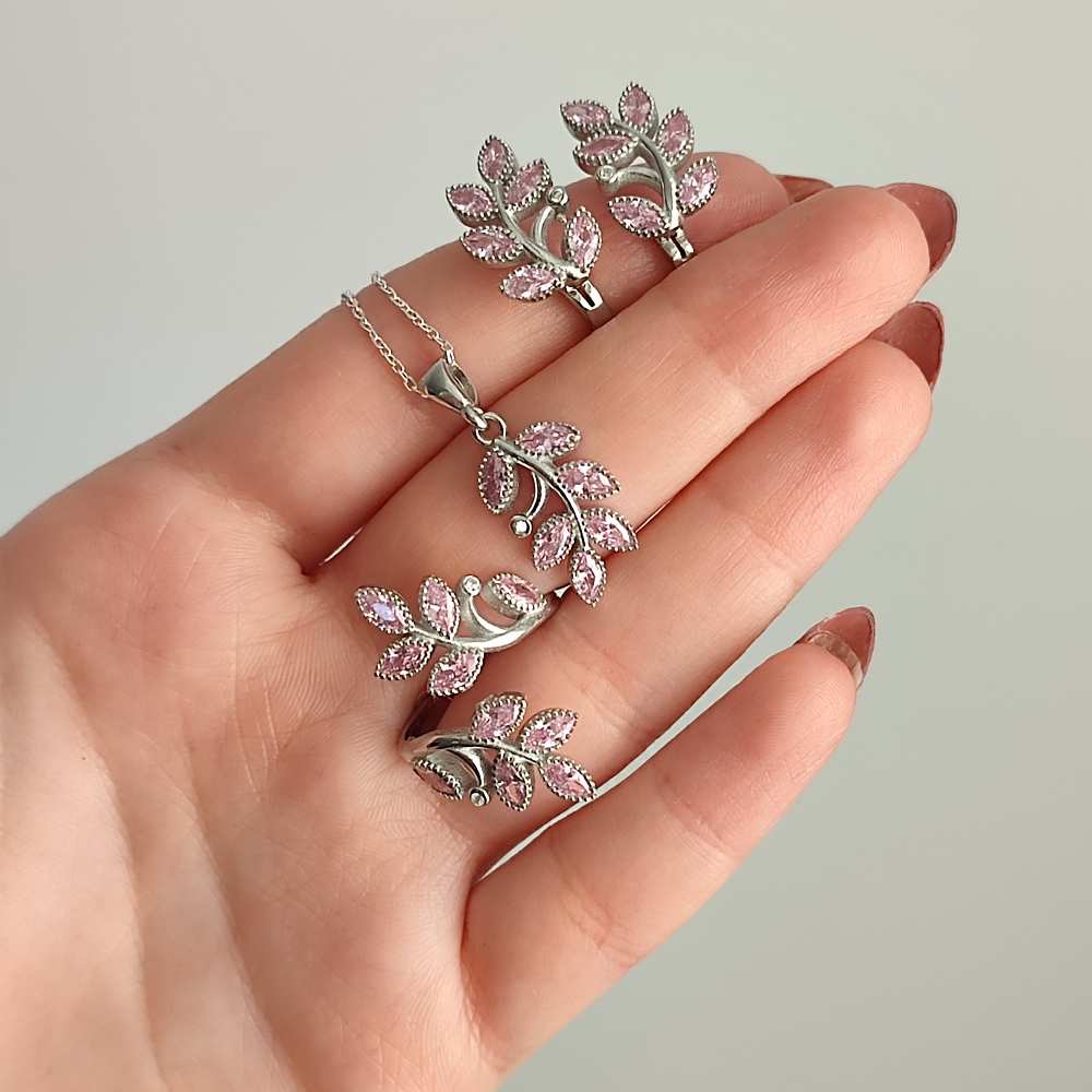 925 Sterling Silver Tree leaves Set ( Pendant + Earring + Ring ) - Colored Zircon